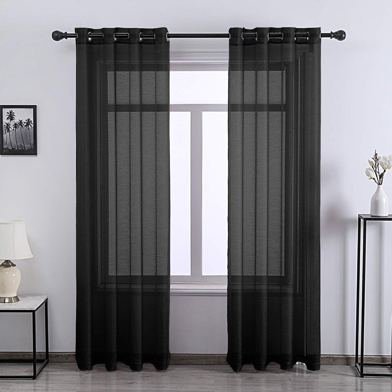 DONREN Black Semi Sheer Curtains Bedroom Home Decoration Solid Voile Panels with Ring Top 52 Wide x 84 Inch Long 2 Panels - Image 1